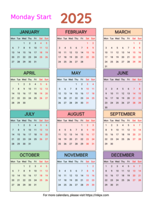 Free Printable Weekend Highlight Colorful Table 2025 Calendar (Monday First)