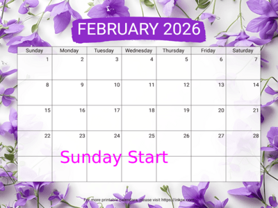 Free Printable Violet February 2026 Calendar (Sunday Start)