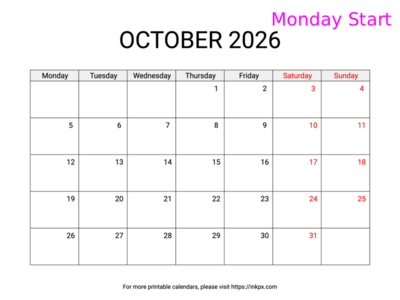 Free Printable Weekend Highlighted October 2026 Calendar (Monday Start)