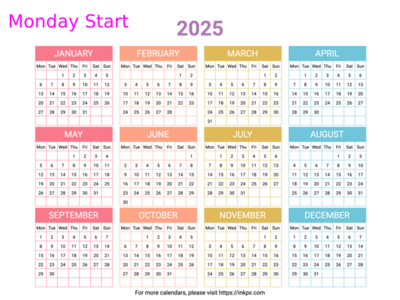 Free Printable Minimalist Colorful Table 2025 Calendar(Landscape, Monday Start)