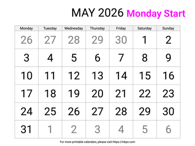 Free Printable Large Font May 2027 Calendar (Monday Start)