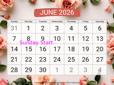 Free Printable Large Rose Background June 2026 Calendar (Sunday Start)