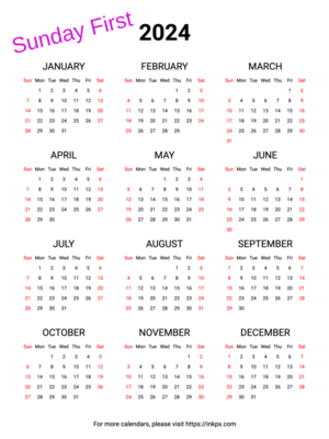Printable Weekend Highlight 2024 Calendar (Sunday First)