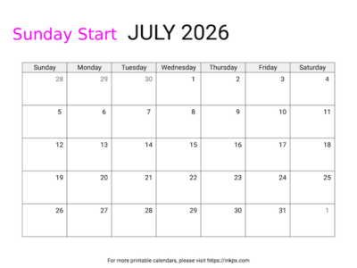Free Printable Simple July 2026 Calendar (Sunday Start)