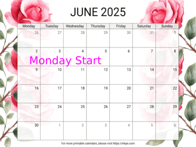 Free Printable Rose June 2025 Calendar (Monday Start)