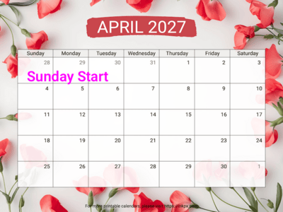 Free Printable Sweet Pea April 2027 Calendar (Sunday Start)