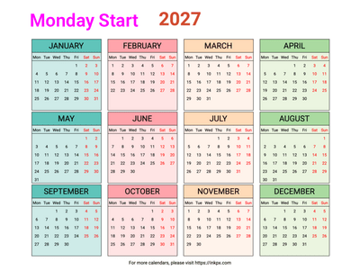 Free Printable Weekend Highlight Colorful 2027 Calendar (Landscape, Monday First)