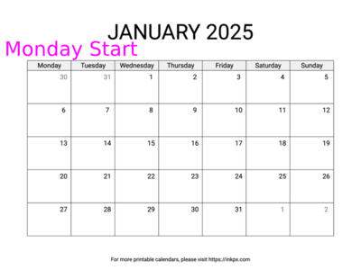 Free Printable Simple January 2025 Calendar (Monday Start)