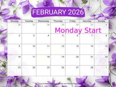 Free Printable Violet February 2026 Calendar (Monday Start)
