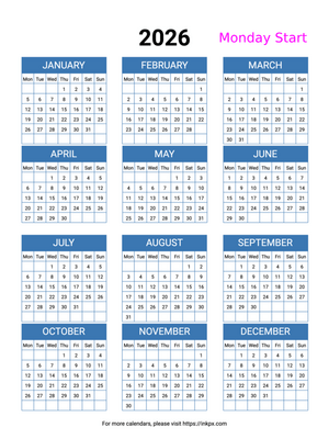 Free Printable Minimalist Blue Table 2026 Yearly Calendar (Monday Start)