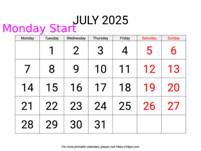 Free Printable Large Weekend Highlighted July 2025 Calendar (Monday Start)