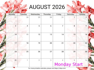 Free Printable Gladiolus August 2026 Calendar (Monday Start)