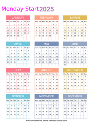 Free Printable Minimalist Colorful 2025 Yearly Calendar (Monday Start)