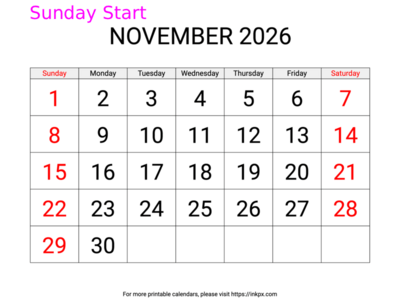 Free Printable Large Weekend Highlighted November 2026 Calendar (Sunday Start)