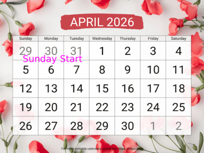 Free Printable Large Sweet Pea April 2026 Calendar (Sunday Start)