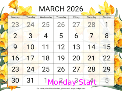 Free Printable Large Daffodil Background March 2026 Calendar (Monday Start)