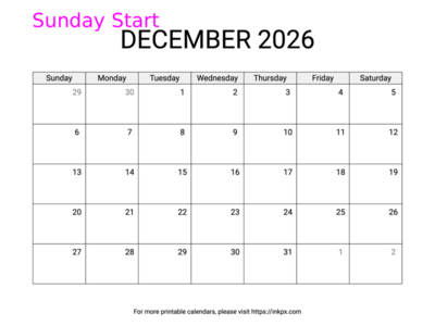 Free Printable Simple December 2026 Calendar (Sunday Start)