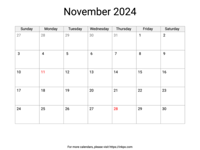 Printable November 2024 Calendar with US Holidays