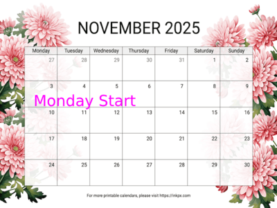 Free Printable Chrysanthemum November 2025 Calendar (Monday Start)