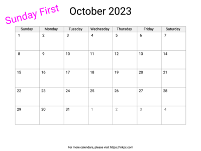 Printable Blank October 2023 Calendar (Sunday Frist)