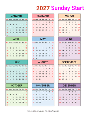 Free Printable Weekend Highlight Colorful Table 2027 Calendar (Sunday First)