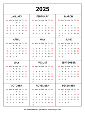 Free Printable Weekend Highlight Table 2025 Calendar (Sunday First)