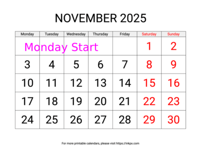 Free Printable Large Weekend Highlighted November 2025 Calendar (Monday Start)