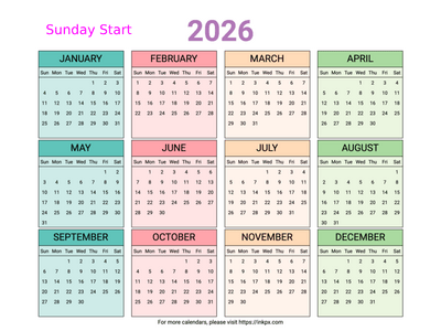 Free Printable Colorful Table 2026 Yearly Calendar (Landscape, Sunday Start)