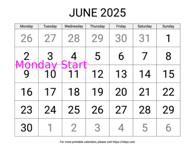 Free Printable Large June 2025 Calendar (Monday Start)