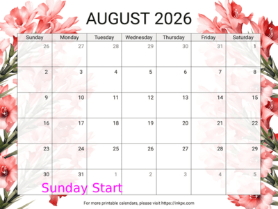 Free Printable Gladiolus August 2026 Calendar (Sunday Start)