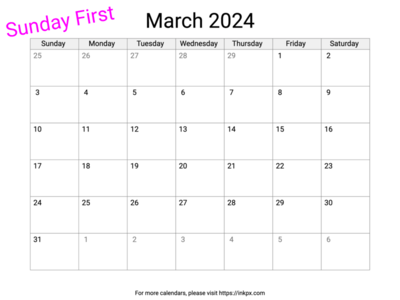 Printable Blank March 2024 Calendar (Sunday First)