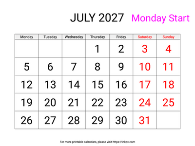 Free Printable Large Font Weekend Highlighted July 2027 Calendar (Monday Start)