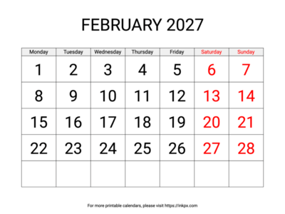 Free Printable Large Weekend Highlighted February 2027 Calendar (Monday Start)