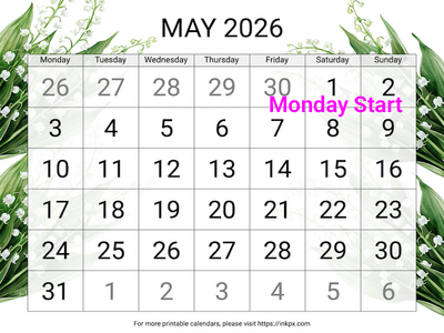 Free Printable Large Font Lily of the Valley May 2027 Calendar (Monday Start)