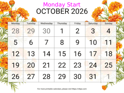 Free Printable Large Marigold October 2026 Calendar (Monday Start)