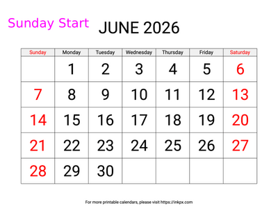 Free Printable Large Weekend Highlighted June 2026 Calendar (Sunday Start)