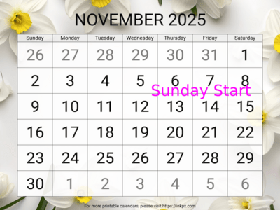 Free Printable Large Narcissus November 2025 Calendar (Sunday Start)