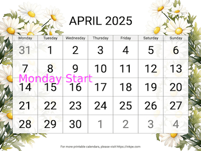 Free Printable Large Daisy April 2025 Calendar (Monday Start)