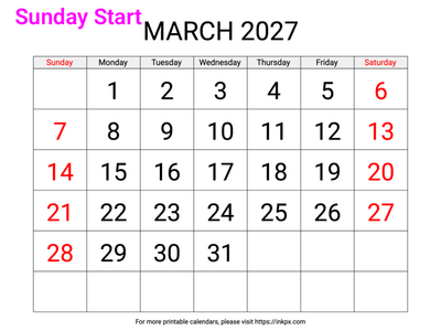 Free Printable Large Weekend Highlighted March 2027 Calendar (Sunday Start)
