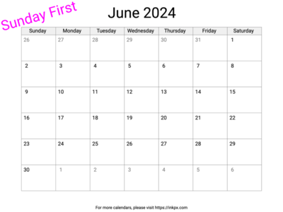 Printable Blank June 2024 Calendar (Sunday First)
