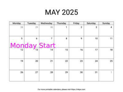 Free Printable Simple May 2025 Calendar (Monday Start)