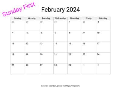 Printable Blank February 2024 Calendar (Sunday First)