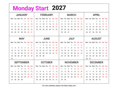 Free Printable Weekend Highlight Table 2027 Calendar (Landscape, Monday First)