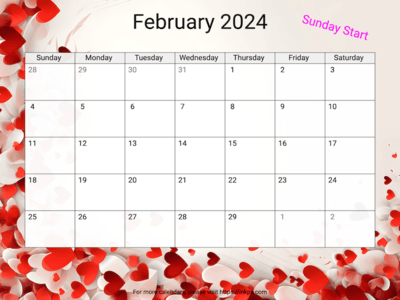 Printable Valentine's Day Theme February 2024 Calendar(Sunday Start)
