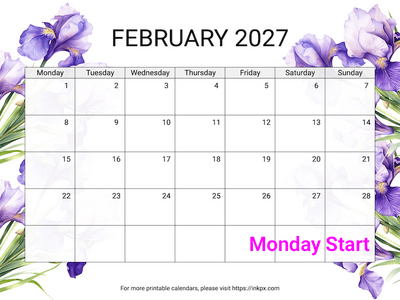Free Printable Irises February 2027 Calendar (Monday Start)