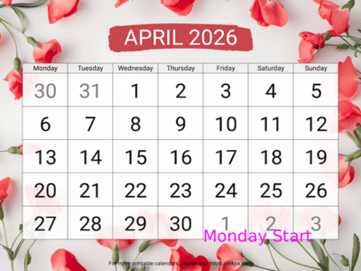 Free Printable Large Sweet Pea April 2026 Calendar (Monday Start)