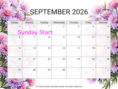 Free Printable Aster September 2026 Calendar (Sunday Start)