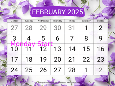 Free Printable Violet Large February 2025 Calendar (Monday Start)