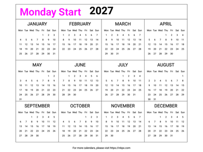 Free Printable Minimalist Table 2027 Yearly Calendar (Landscape, Monday Start)