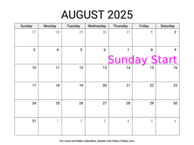 Free Printable Simple August 2025 Calendar (Sunday Start)